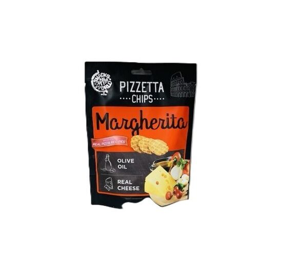 PIZZETTA CHIPS Margherita maizes uzkodas ar olīveļļu, sieru, kaltētiem tomātiem un garšaugiem